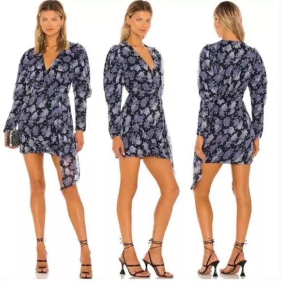 Saylor Merritt Blue Purple Floral Print Puff Sleeve Mini Dress Size L NWT $240 - Picture 1 of 8